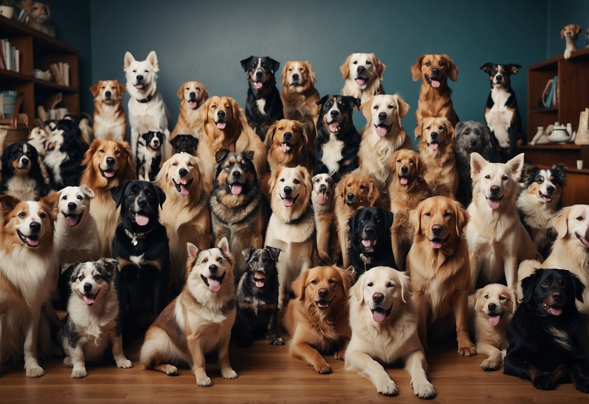 A chaotic room with 15 different demanding dog breeds vying for attention, food, and playtime from their overwhelmed owner