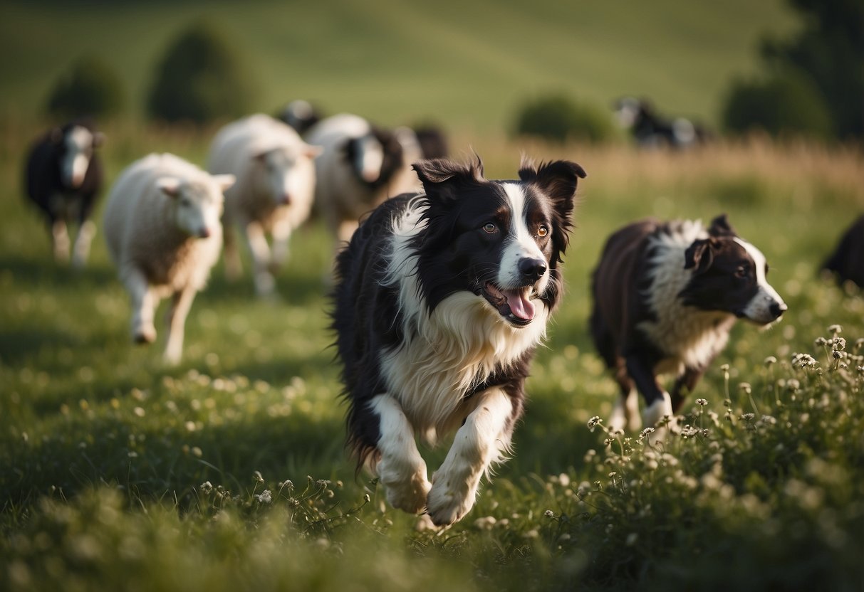 A Border Collie herding a flock of sheep in a lush green pasture