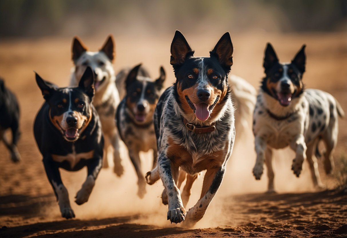 An Australian Cattle Dog herding a group of cattle in a dusty outback landscape. The dog's intense gaze and alert stance convey its demanding nature