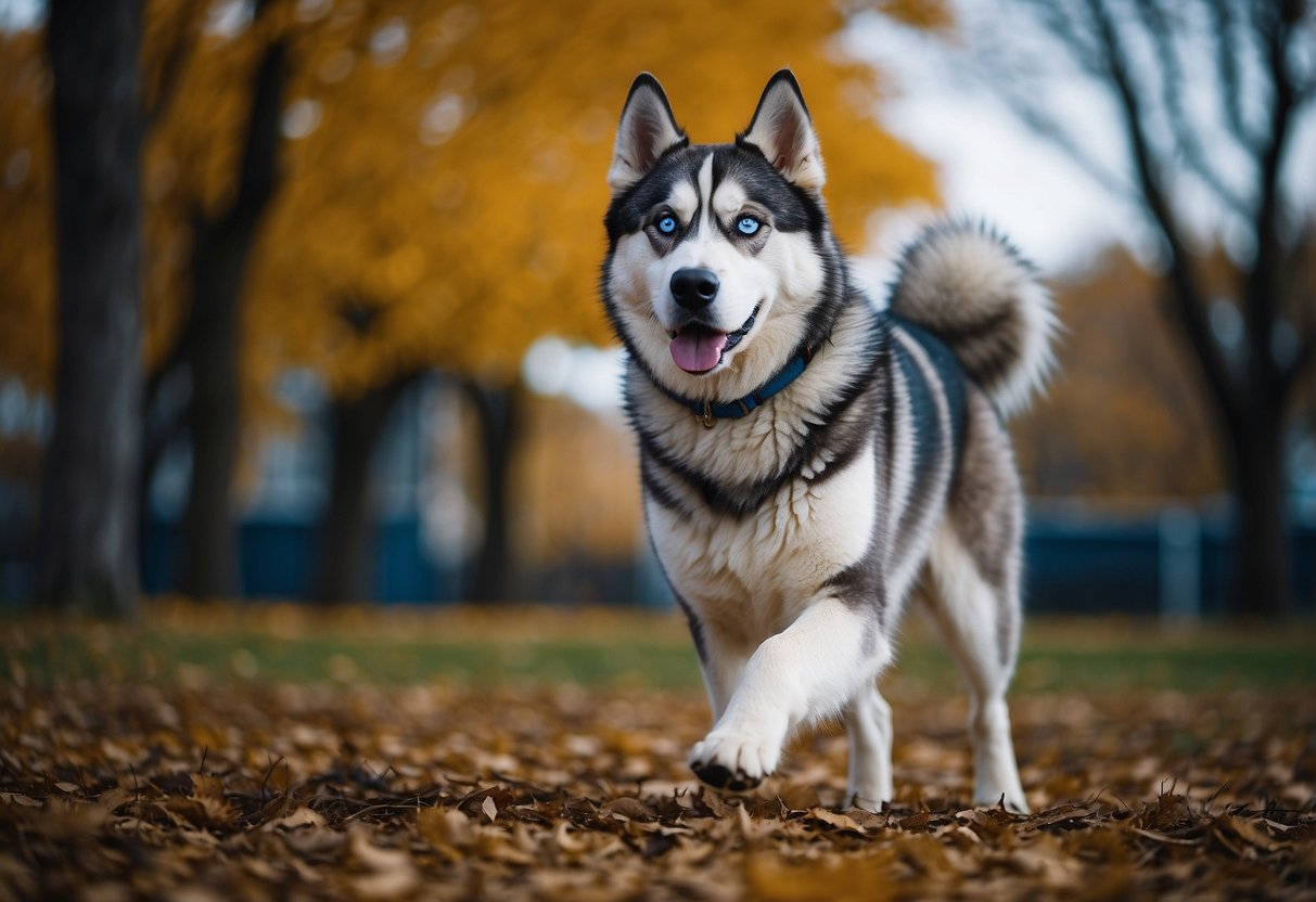 A Siberian Husky stands proudly, with a thick coat and striking blue eyes, exuding strength and independence
