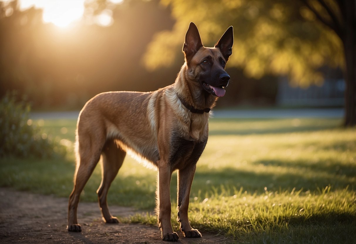 A Belgian Malinois stands alert, ears perked, and tail raised. Its sleek, tan coat glistens in the sunlight as it gazes intently ahead