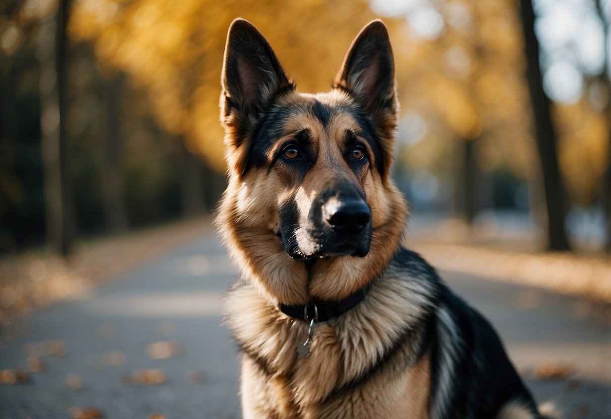 A German Shepherd stands proudly, alert and attentive, with a sleek, tan and black coat. Its ears are erect, and its intelligent eyes seem to be focused on something in the distance