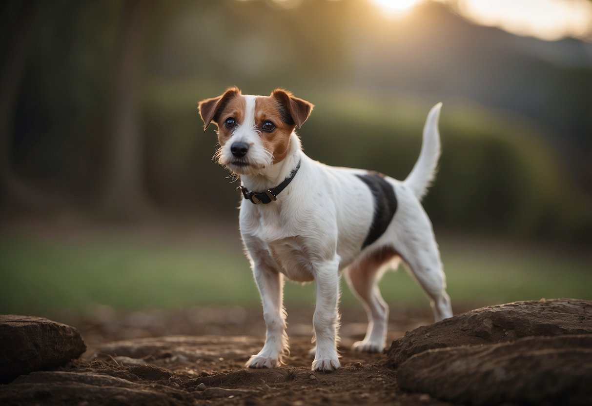 A Jack Russell Terrier stands alert, tail wagging, ears perked up. Its expressive eyes convey a sense of energy and intelligence