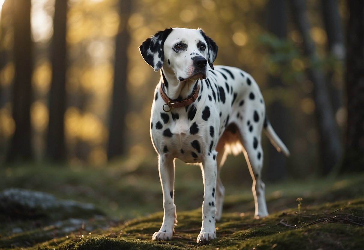 A Dalmatian stands proudly, its black spots contrasting against its white coat. Its alert expression and strong build exude confidence and energy