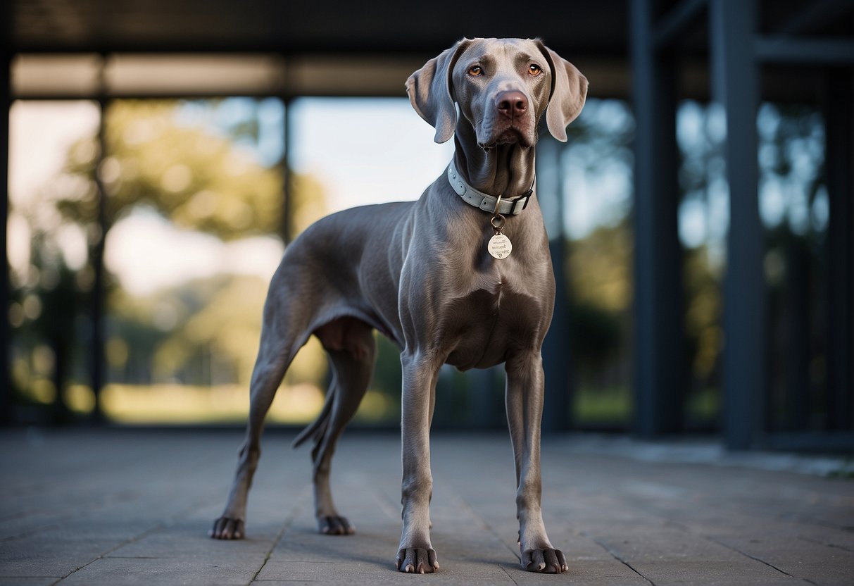 A Weimaraner stands tall, with a sleek silver coat and piercing gray eyes, exuding an air of confidence and intelligence