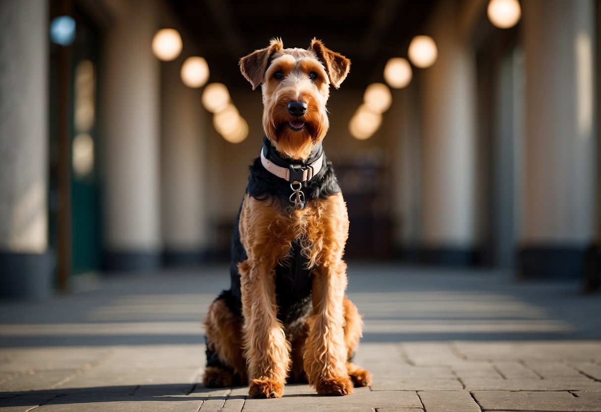 An Airedale Terrier stands proudly, with a confident stance and alert expression. Its wiry coat and distinctive beard give it a regal appearance