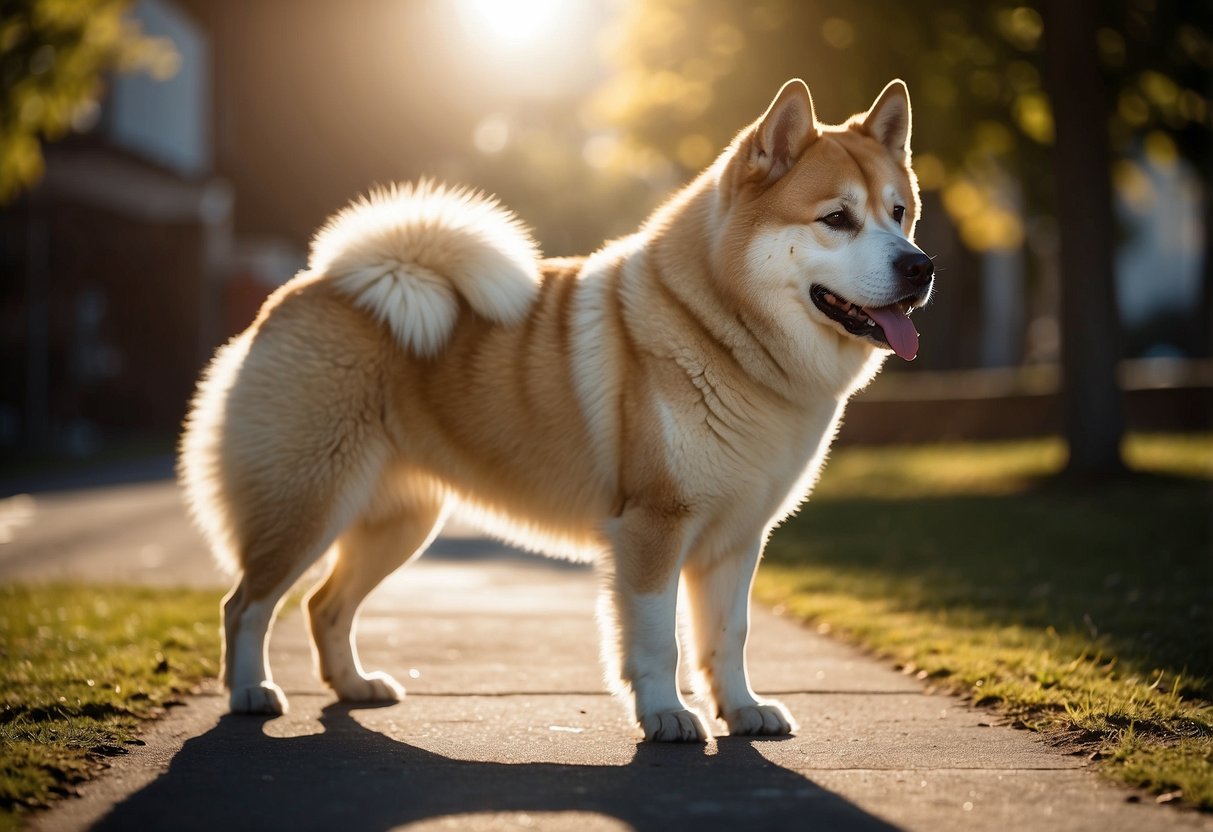 An Akita dog standing proudly with a confident stance, its thick double coat shining in the sunlight, exuding strength and intelligence