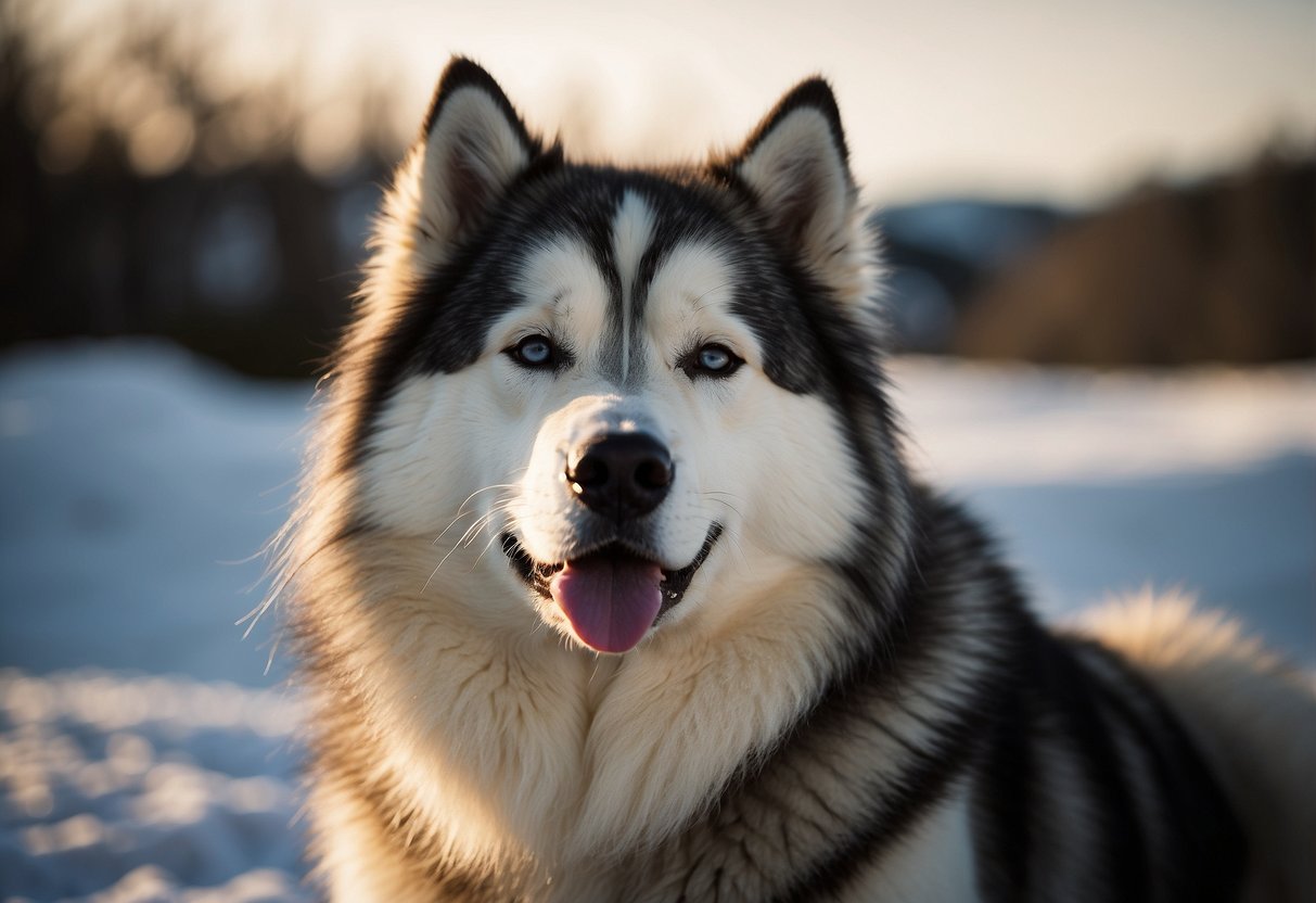 An Alaskan Malamute stands proudly with its thick fur blowing in the wind, showcasing its strength and endurance. Its alert eyes and powerful stance exude confidence and determination