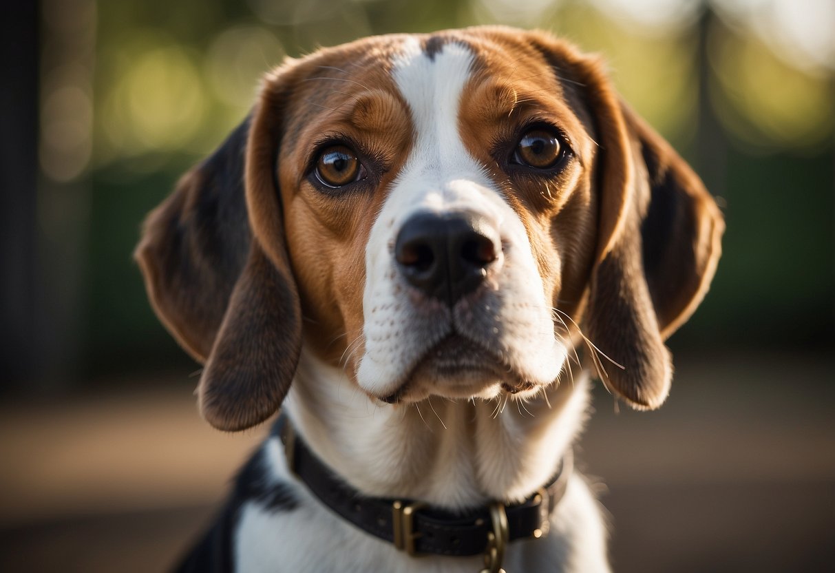 A beagle stands with a playful expression, tail wagging and ears perked up. Its eyes are bright and alert, and its body is compact and muscular