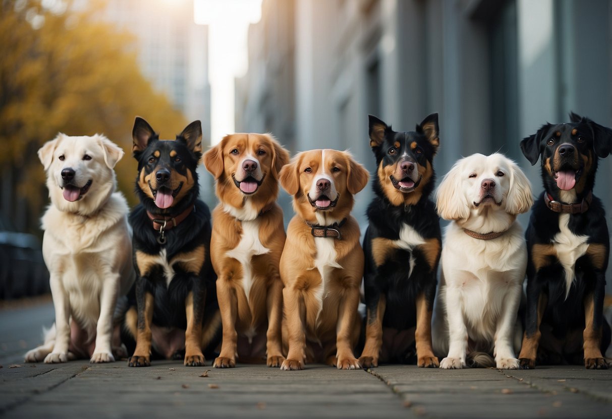A group of 15 different dog breeds are eagerly vying for attention, each displaying their unique personalities and demanding the spotlight