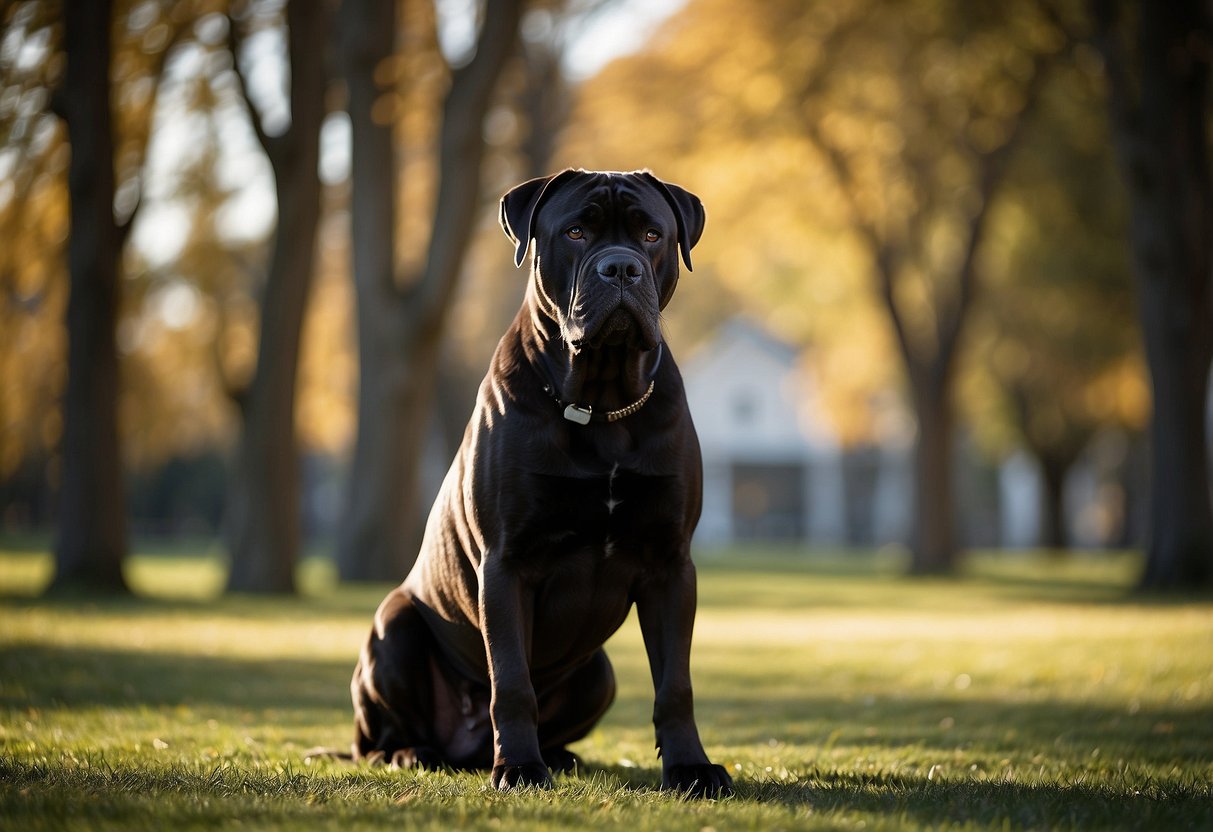 A Cane Corso stands tall, its muscular frame exuding strength and confidence. Its sleek coat glistens in the sunlight as it gazes intently ahead