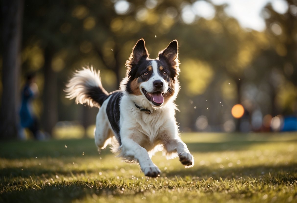 Various dog breeds in a park, running, jumping, and playing fetch. Some breeds are panting heavily, showing signs of exhaustion. Others are eagerly engaging in agility exercises
