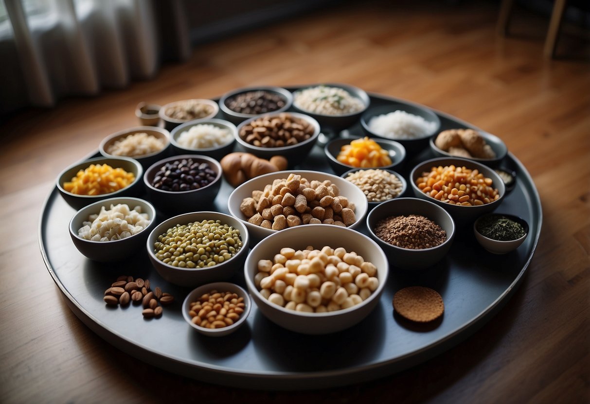 A group of 15 dog breeds surround a variety of food bowls, each displaying different levels of pickiness and dietary demands