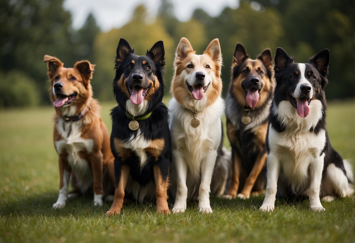A pack of 15 diverse dog breeds engage in obedience training, displaying varying levels of energy and focus. Some eagerly perform tasks while others appear easily distracted or uninterested
