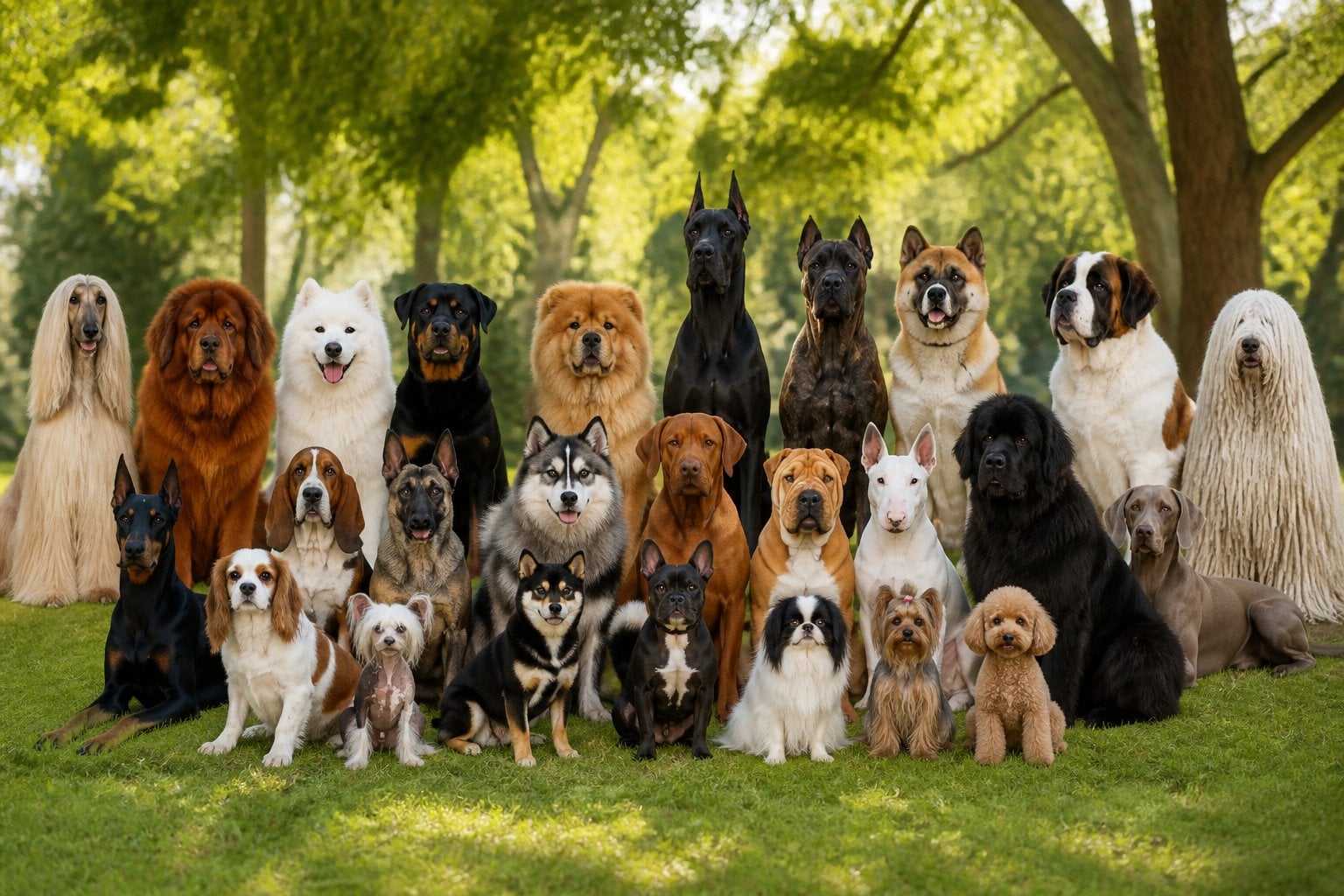 A group of various expensive dog breeds gathered together outdoors on green grass with trees in the background.