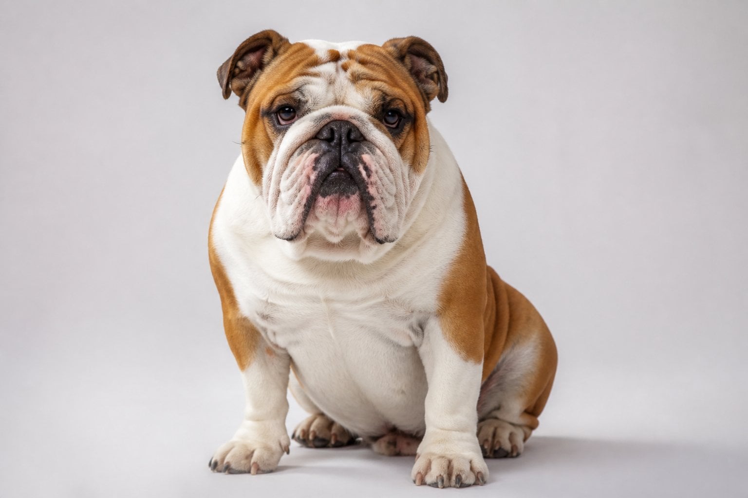An English Bulldog sitting and looking forward against a plain background.