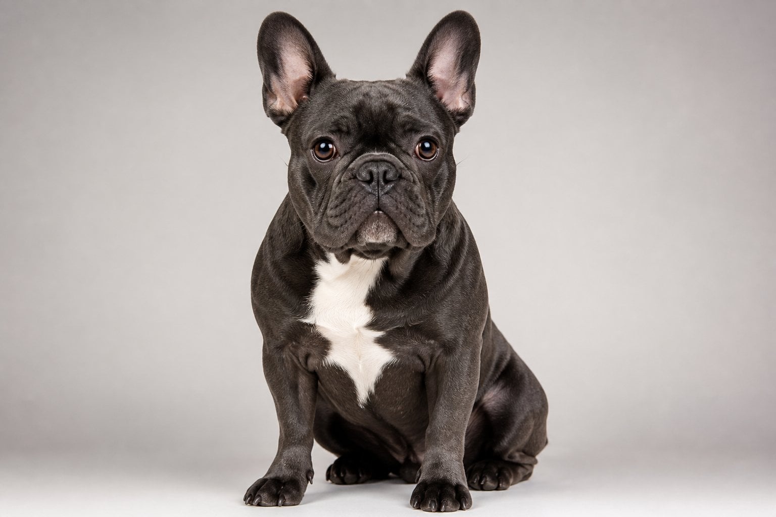 A French Bulldog sitting and looking at the camera against a plain background.