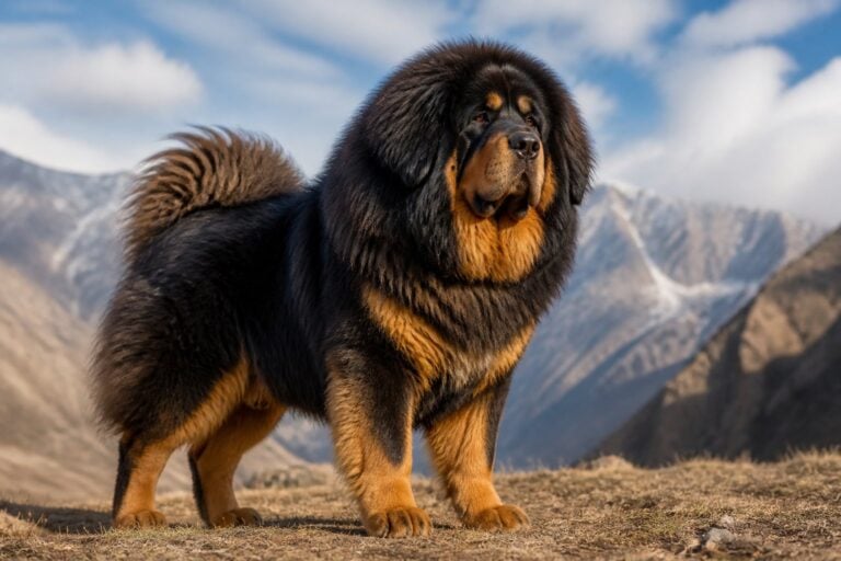 A large Tibetan Mastiff dog standing outdoors with mountains in the background.