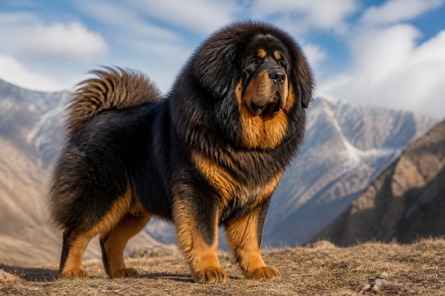 A large Tibetan Mastiff dog standing outdoors with mountains in the background.