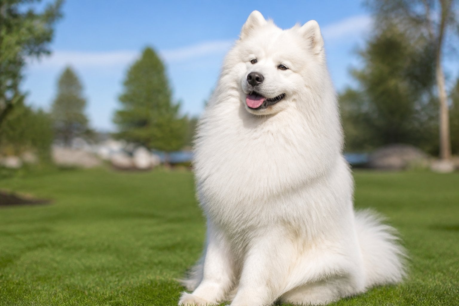 A white Samoyed dog sitting on green grass outdoors with trees and blue sky in the background.