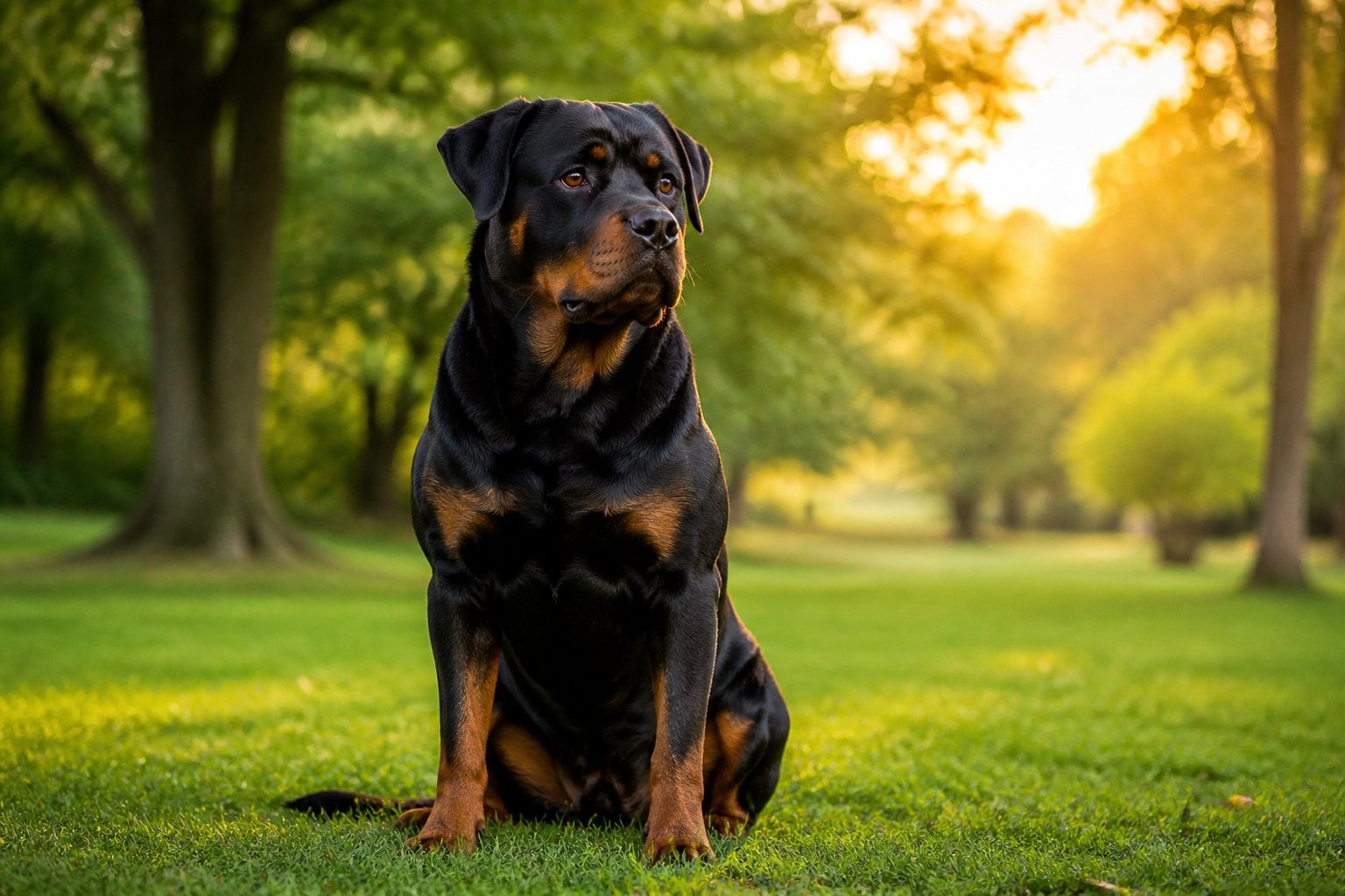 A Rottweiler dog sitting attentively in a green park with trees and sunlight in the background.