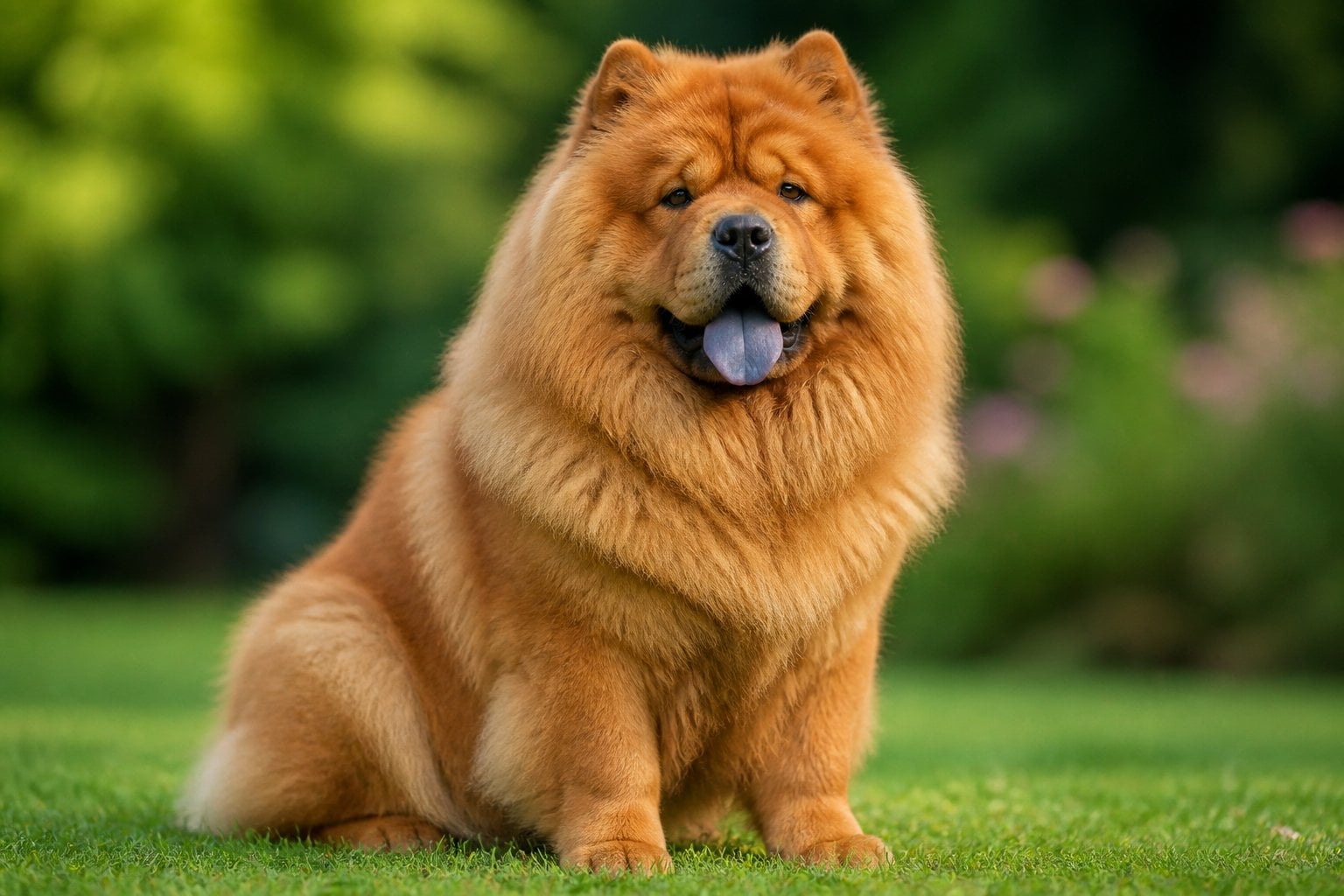 A Chow Chow dog with a thick golden-brown coat sitting outdoors in a green natural setting.