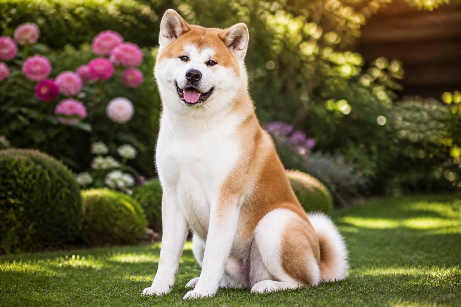 An Akita Inu dog sitting on green grass in a garden with flowers in the background.