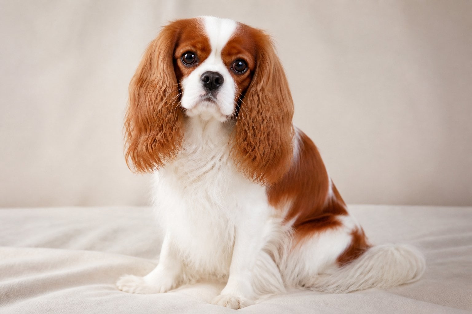 A Cavalier King Charles Spaniel sitting calmly with a soft, wavy coat and expressive eyes against a plain background.