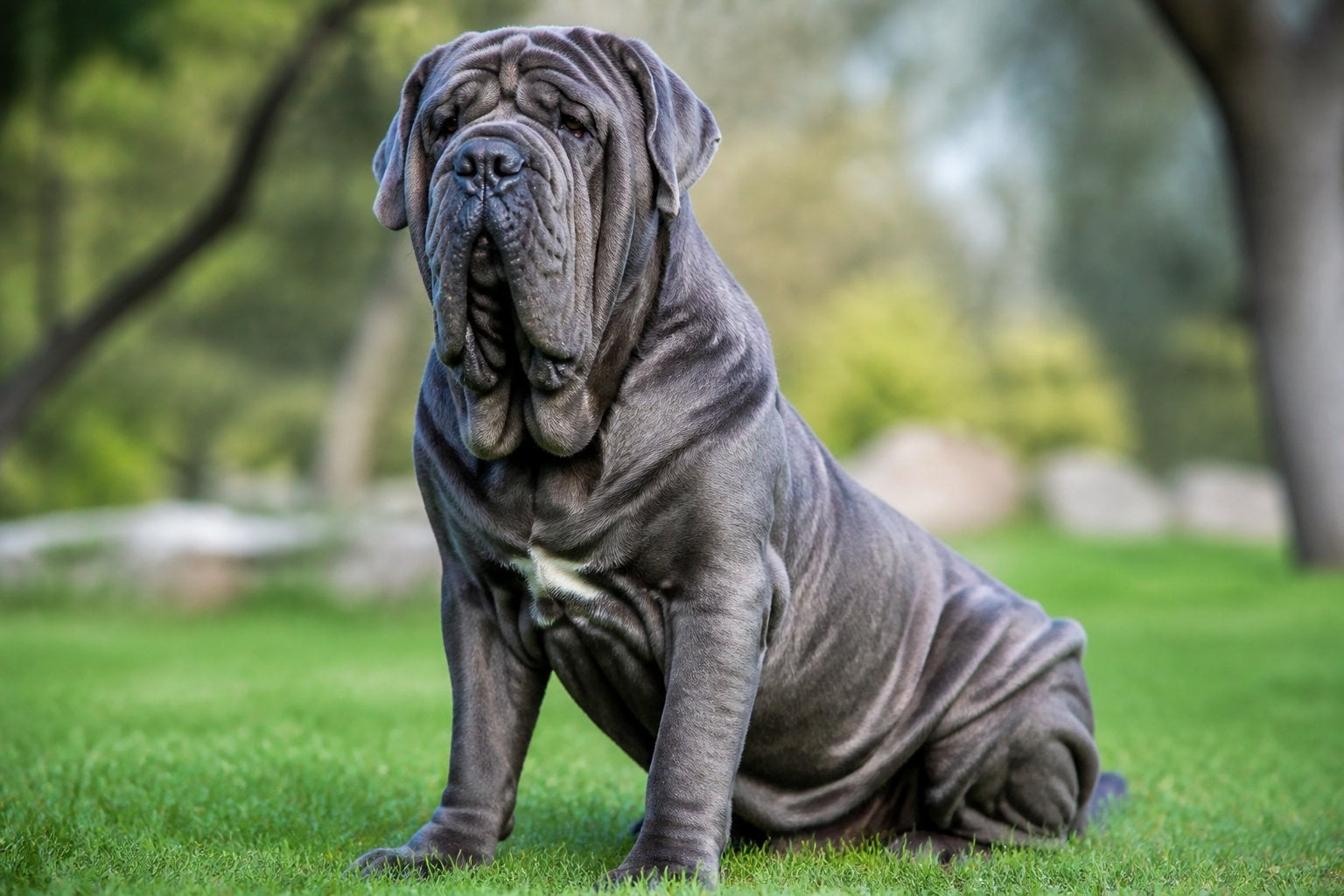 A large Neapolitan Mastiff dog sitting on green grass outdoors, looking calm and strong.