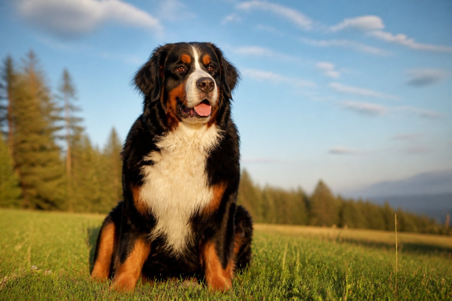 A Bernese Mountain Dog sitting calmly in a green meadow with trees and blue sky in the background.