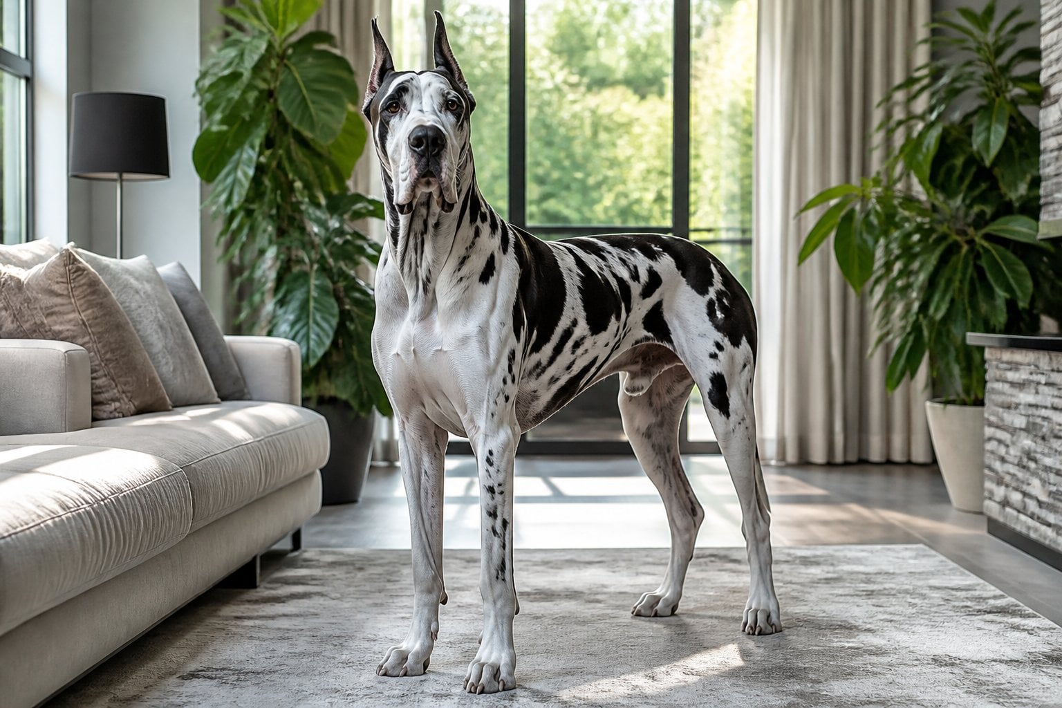 A Great Dane standing in a bright living room with large windows and indoor plants.