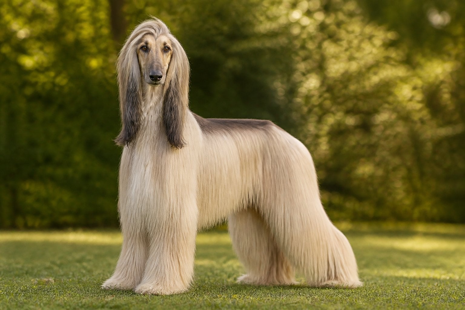 An Afghan Hound with long silky fur standing outdoors in a green park.