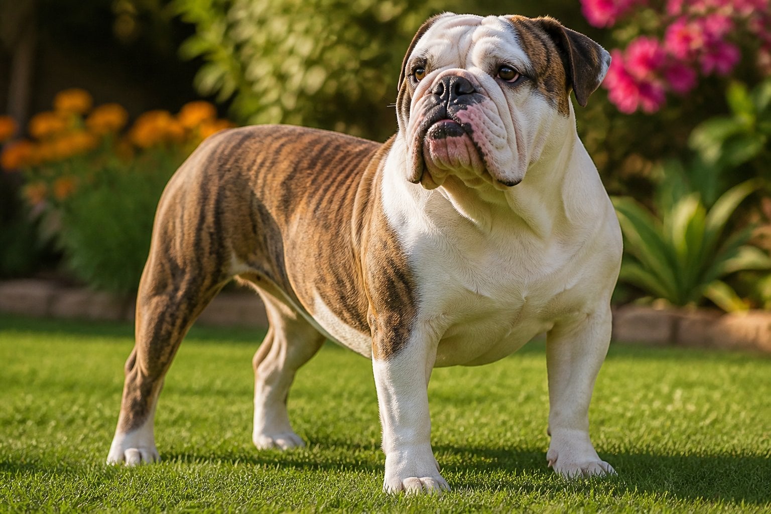 An Olde English Bulldog standing on green grass with a garden in the background.