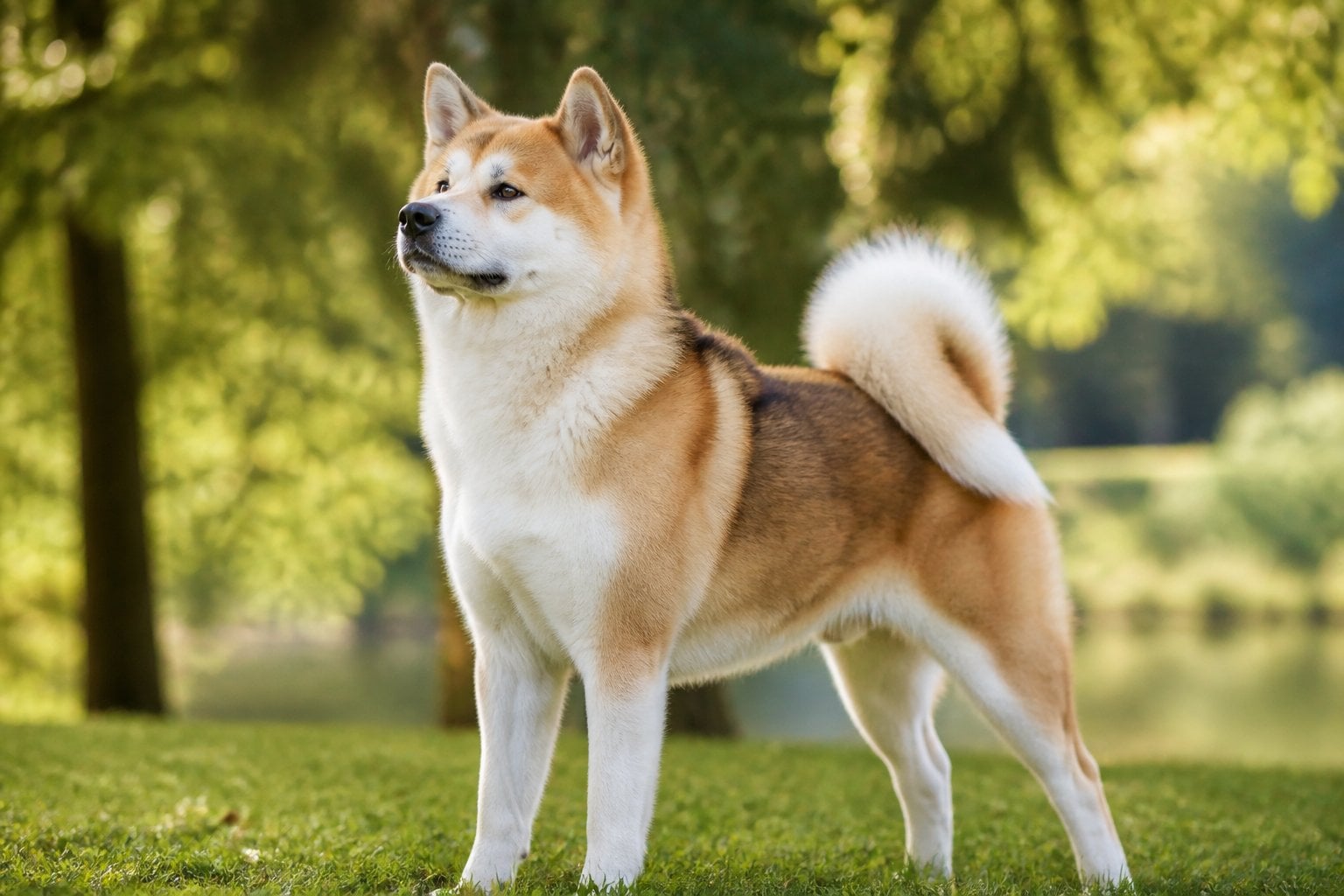 A Japanese Akita dog standing outdoors on grass with trees in the background.