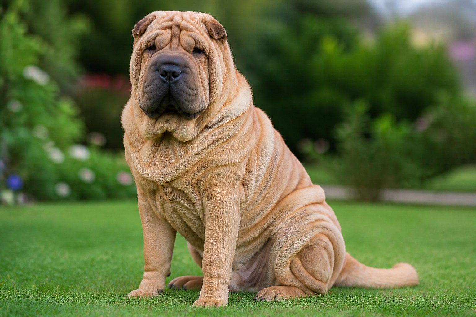 A Chinese Shar-Pei dog sitting on green grass outdoors with its distinctive wrinkled skin and calm expression.