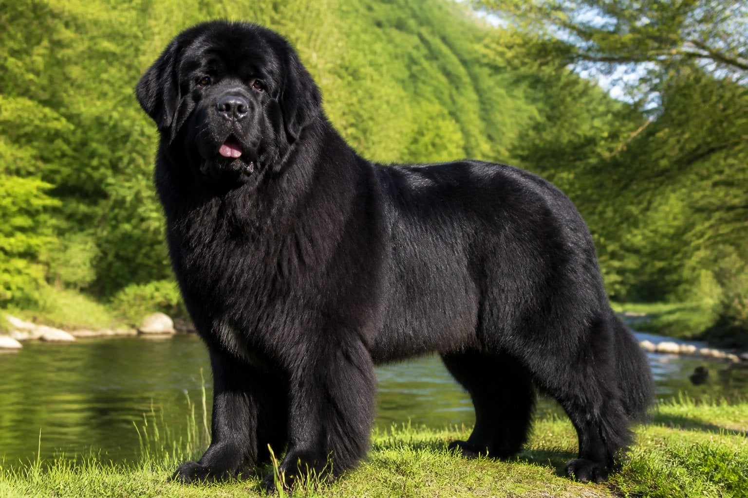 A large black Newfoundland dog standing outdoors in a green natural setting with trees and soft sunlight.
