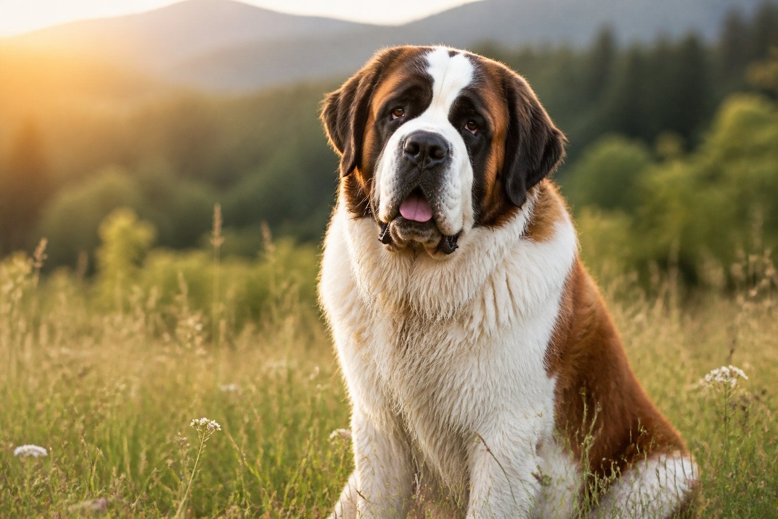 A large Saint Bernard dog sitting calmly in a green field with trees and sunlight in the background.