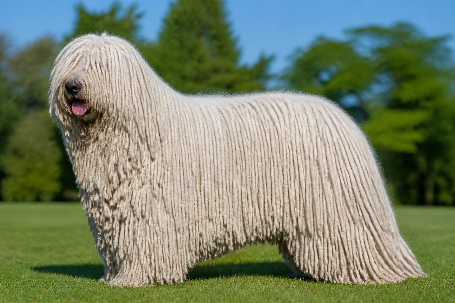 A Komondor dog with long, corded white fur standing on green grass outdoors.