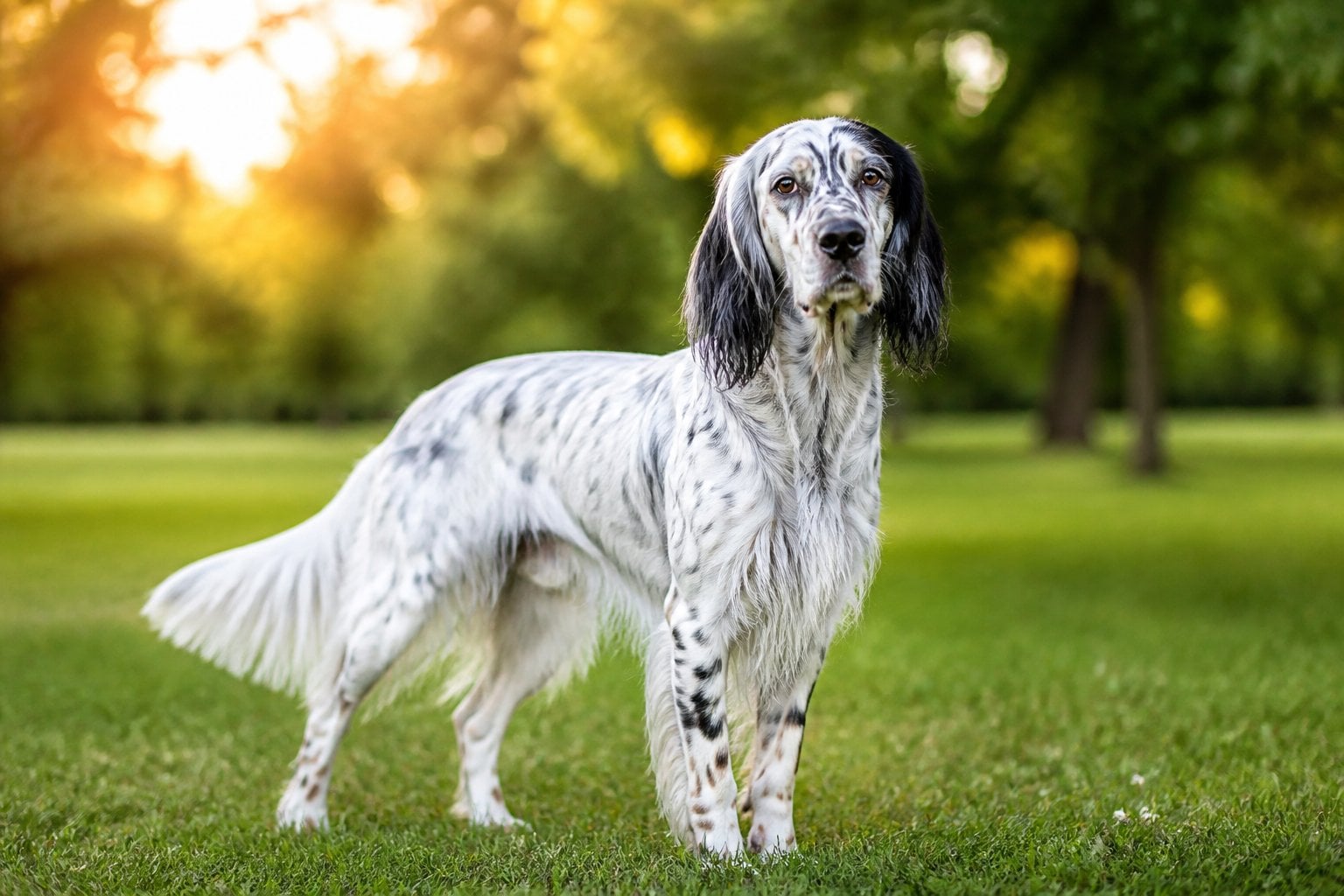 An English Setter dog standing in a green park with sunlight filtering through trees.