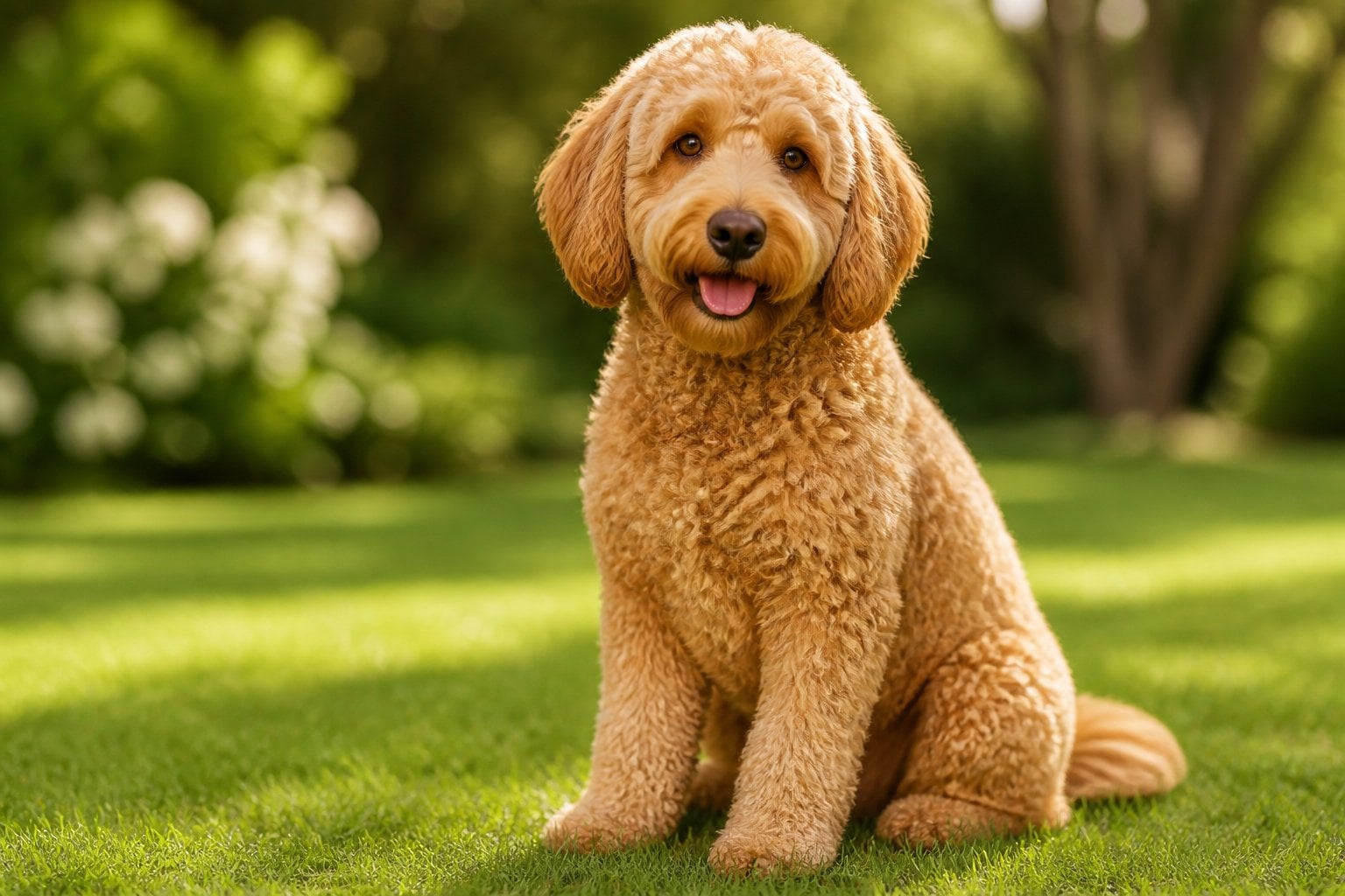A Goldendoodle dog sitting on green grass outdoors with a blurred natural background.