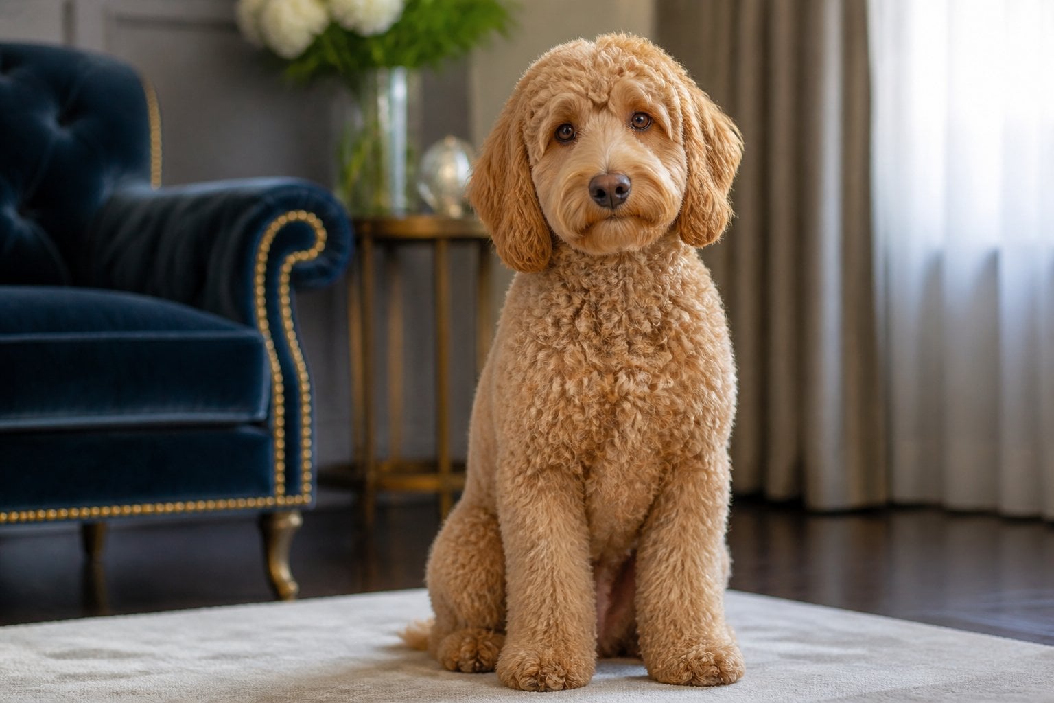 A well-groomed caramel-colored Labradoodle sitting indoors on a polished wooden floor with soft natural light and blurred elegant home decor in the background.