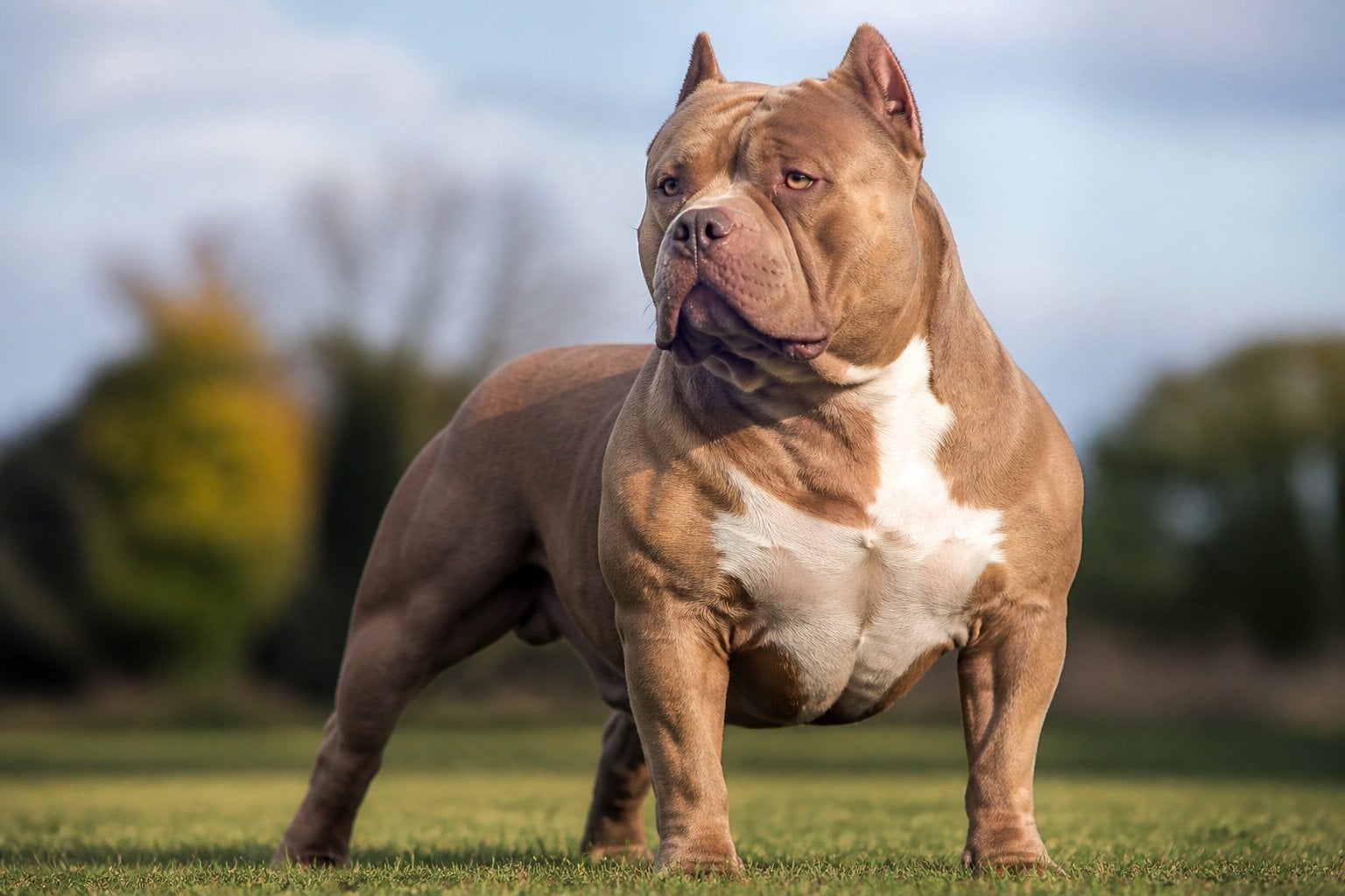 A large American Bully dog standing on grass outdoors with trees in the background.