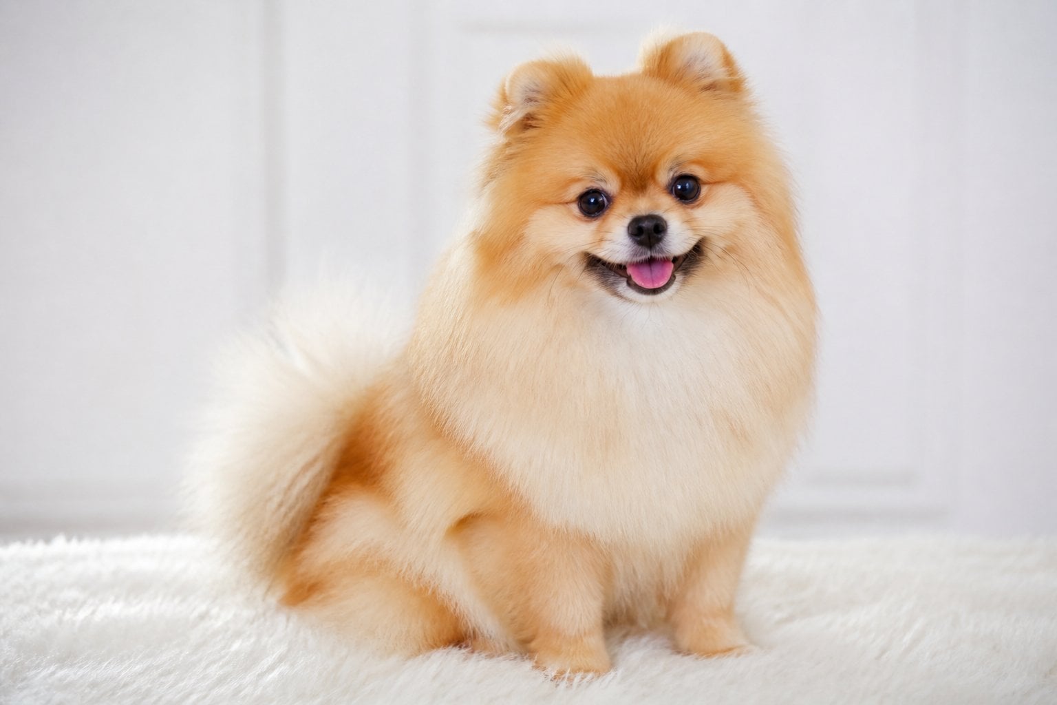 A small fluffy Pomeranian dog sitting on a white surface with a neutral background.