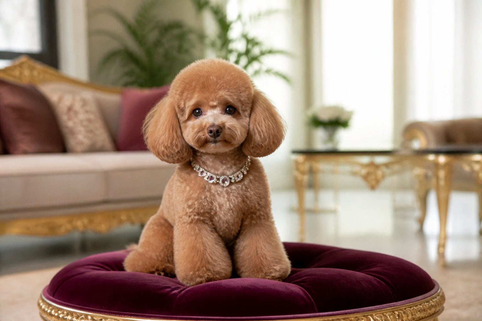 A well-groomed Toy Poodle sitting on a velvet cushion in a bright living room.