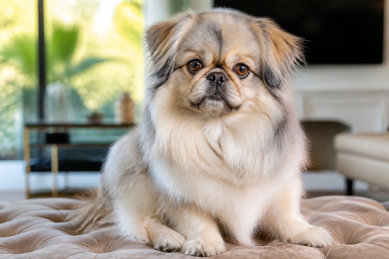 A rare Persian-Mix companion dog sitting indoors on a plush surface with soft lighting.