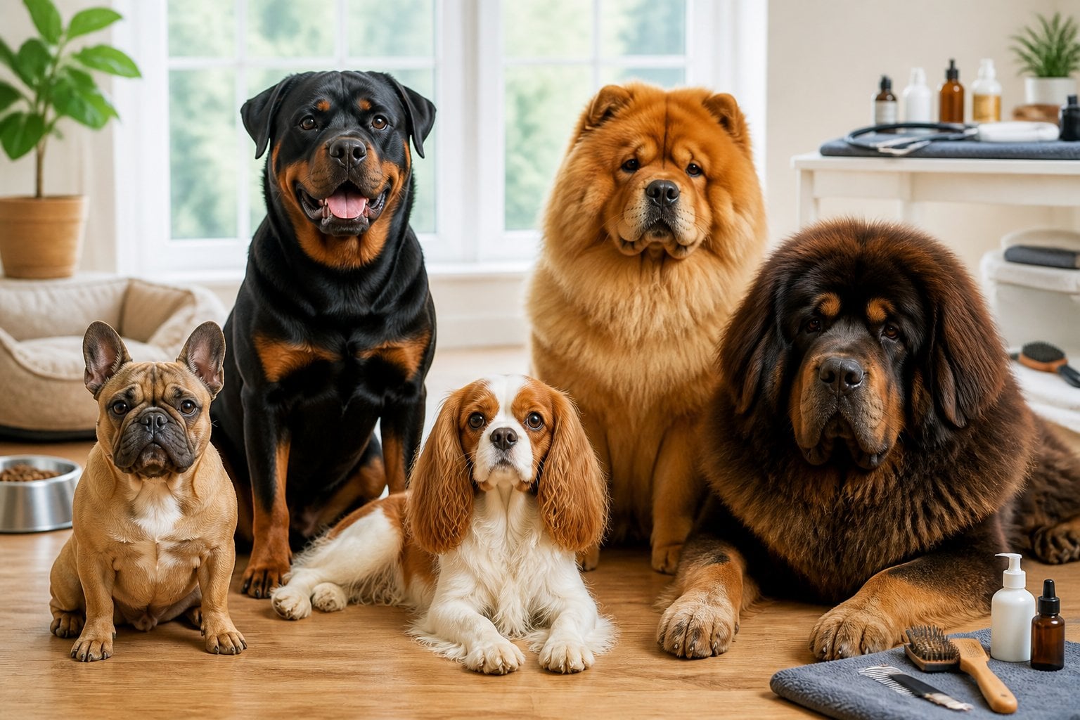 A group of various expensive dog breeds sitting and lying calmly indoors with dog care items like food bowls and grooming tools nearby.