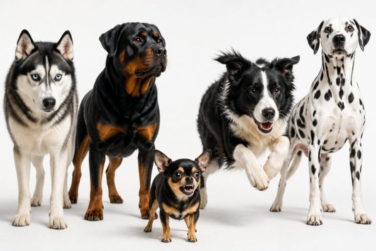 A group of various dog breeds including a Husky, Rottweiler, Chihuahua, Border Collie, and Dalmatian standing together against a plain white background.