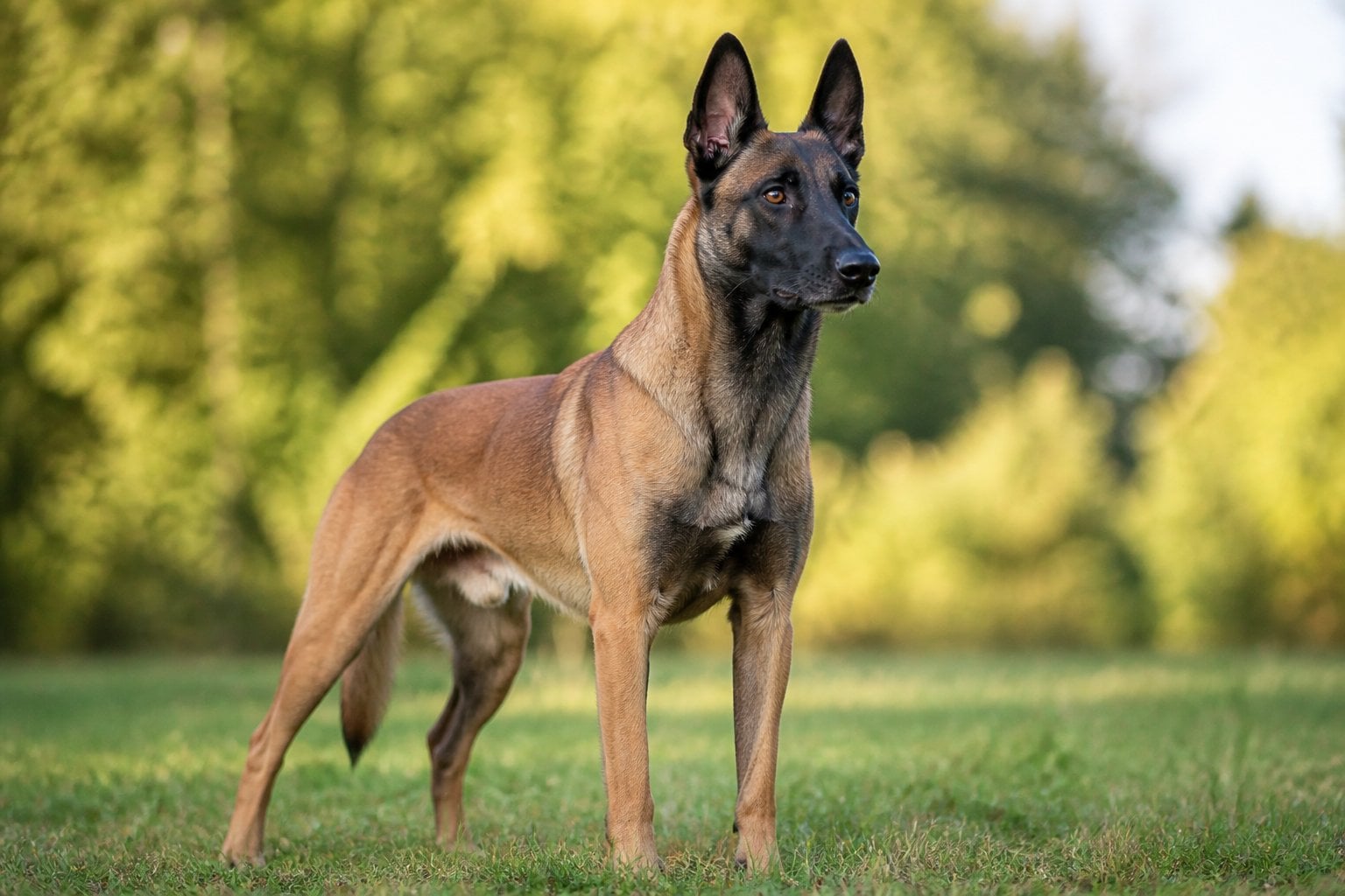A Belgian Malinois dog standing alert on a grassy field with trees in the background.