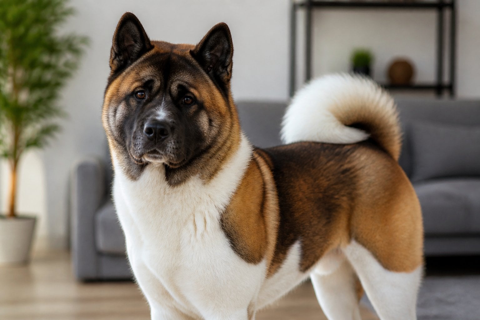 An Akita dog standing alert in a modern home setting with a sofa and plant in the background.