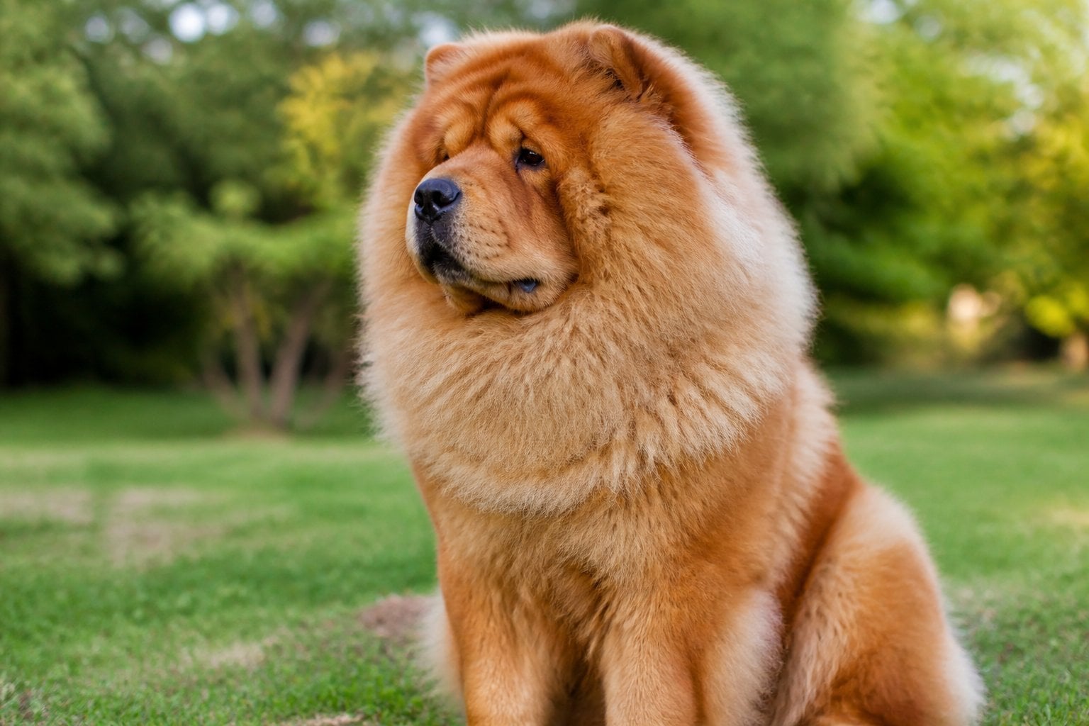 A Chow Chow dog with a thick golden-brown coat sitting outdoors in a park-like setting.